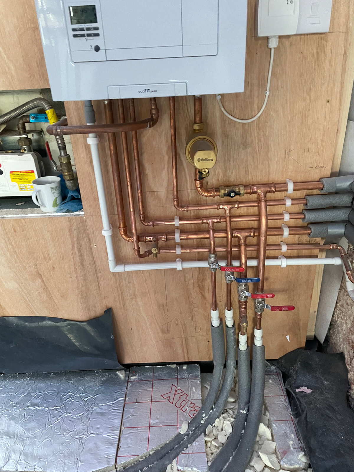 Copper pipework serving multiple heating circuits