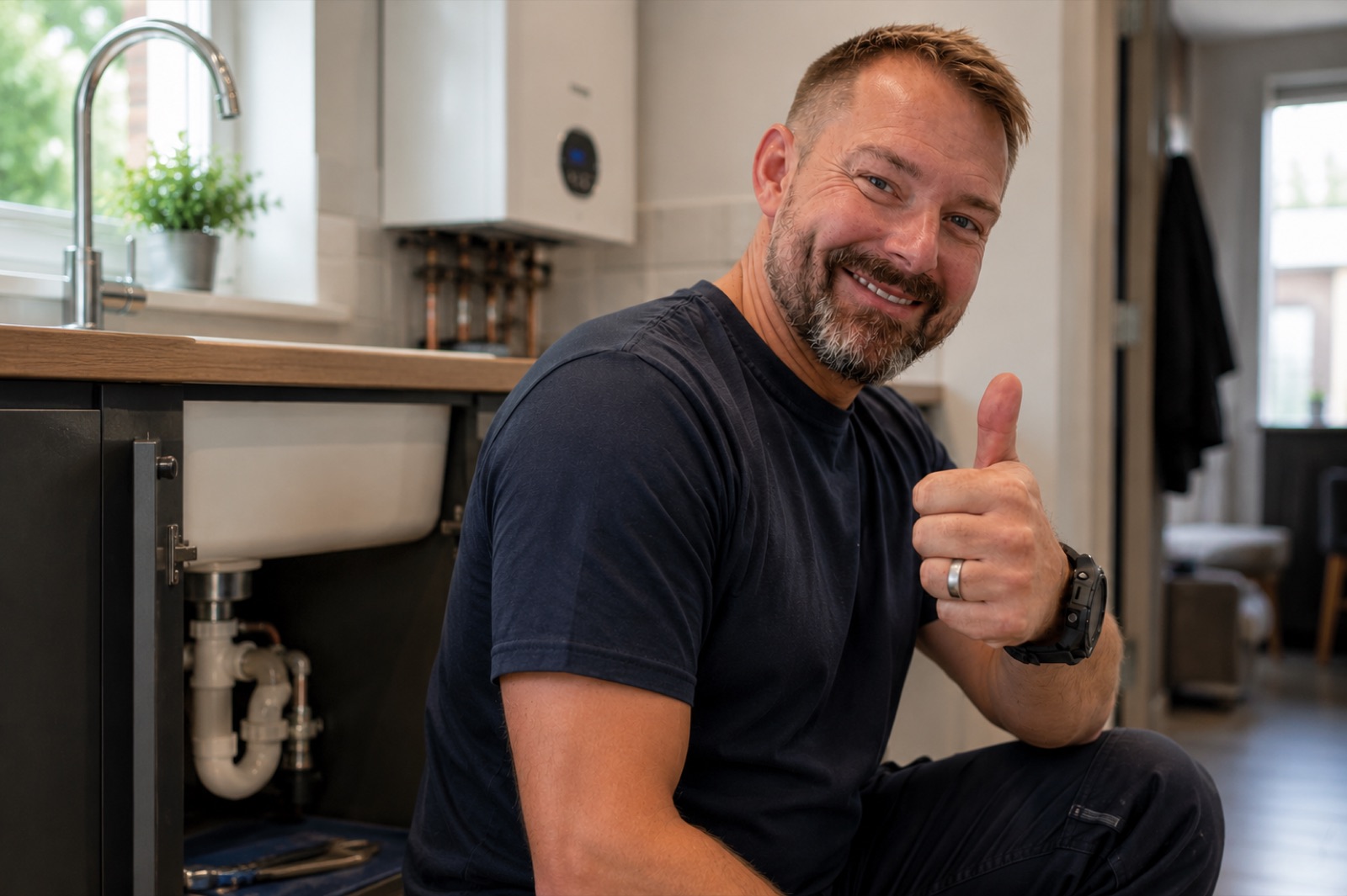 Mike from MGA Plumbing & Heating giving a thumbs up in a customer's kitchen