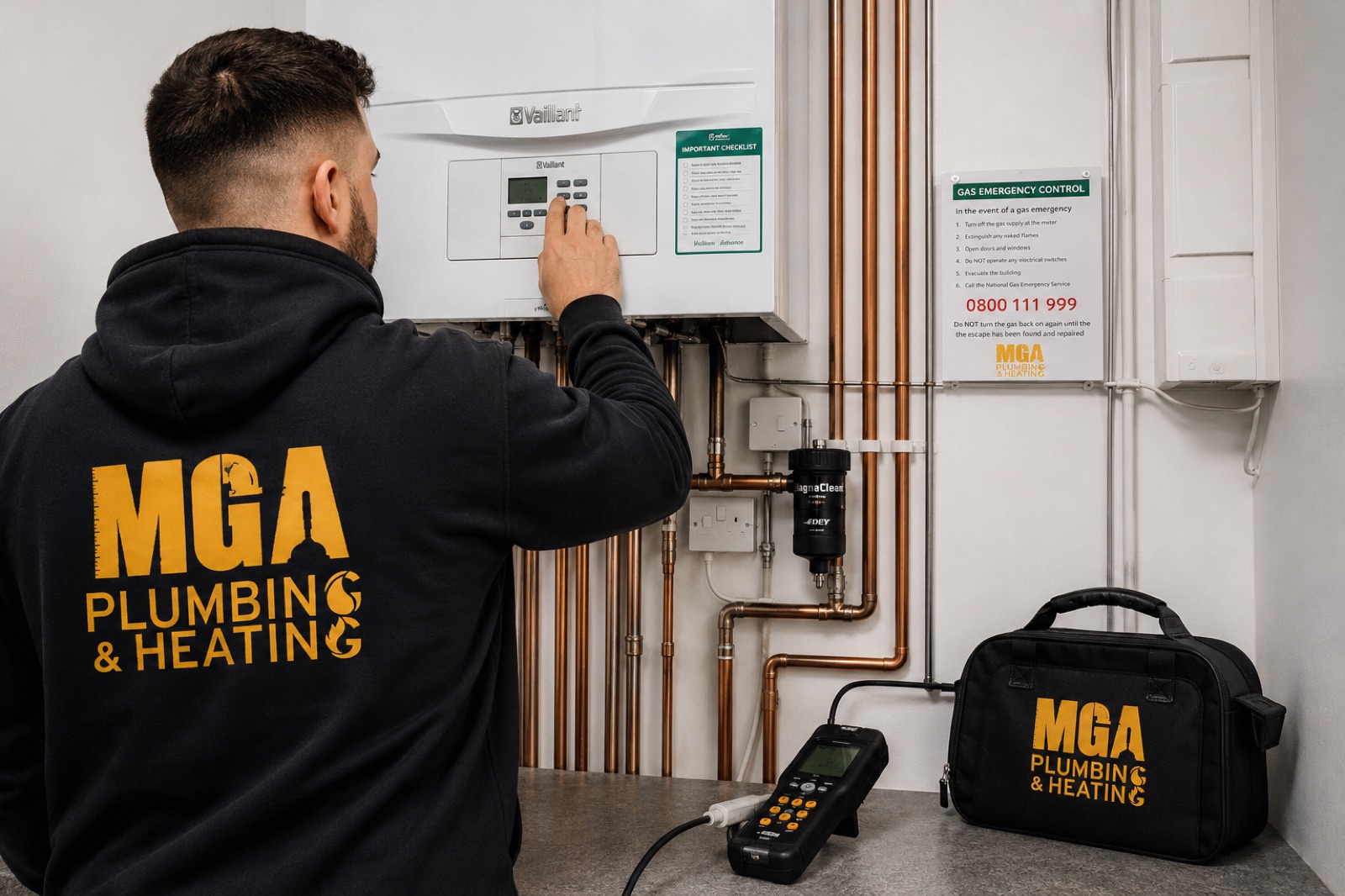 Engineer commissioning a boiler next to copper pipework