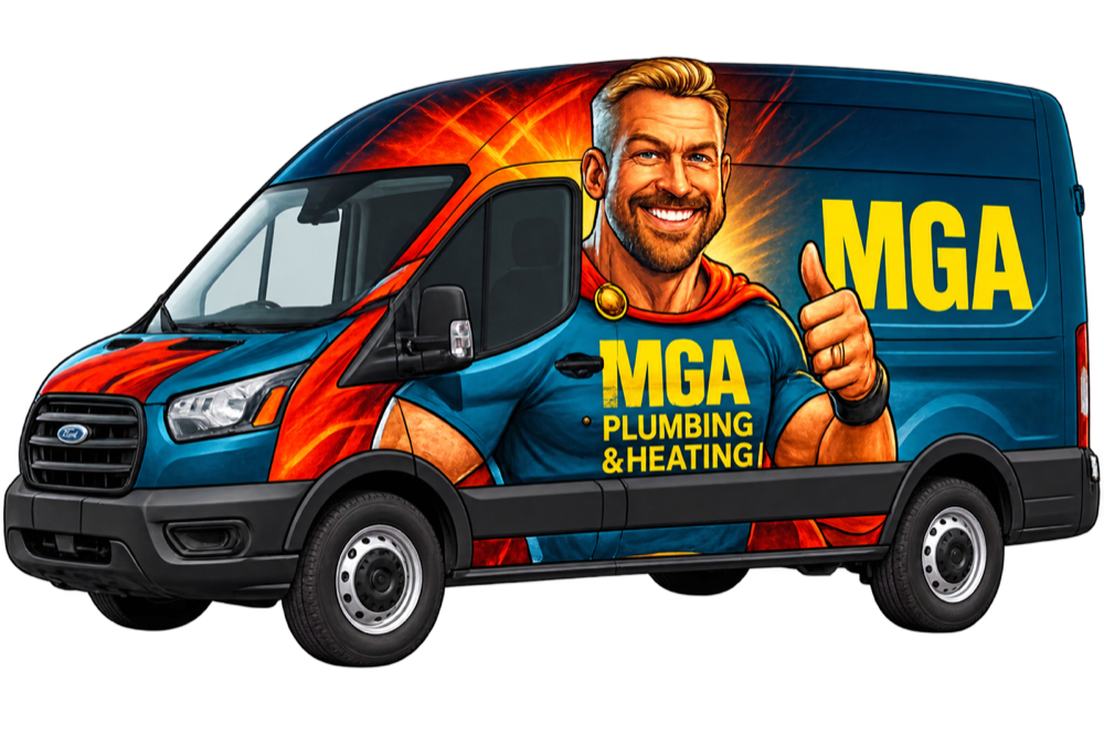 The MGA Plumbing & Heating van featuring Flush Gordon